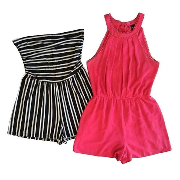 🟣 Y2K Pink Halter and Striped Strapless Romper Shorts Size Large Bundle - Picture 1 of 16